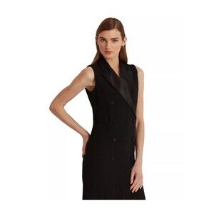 LAUREN Ralph Lauren Womens Sz 12 Tuxedo Dress Sleeveless Wool Blend Sheath Black